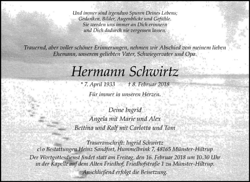  Traueranzeige für Hermann Schwirtz vom 14.02.2018 aus Westfälische Nachrichten