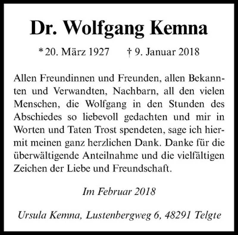  Traueranzeige für Wolfgang Kemna vom 07.02.2018 aus Westfälische Nachrichten