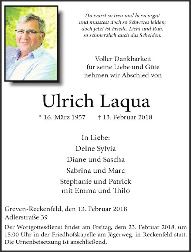  Traueranzeige für Ulrich Laqua vom 17.02.2018 aus Westfälische Nachrichten