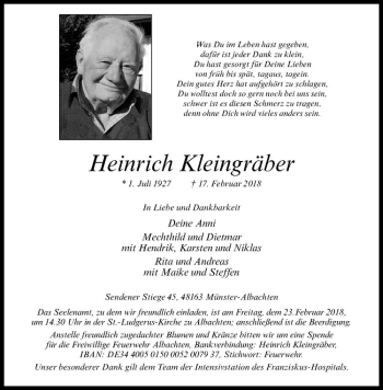 Anzeige von Heinrich Kleingräber von Westfälische Nachrichten