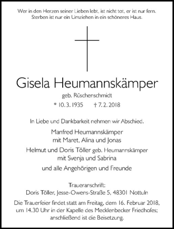Anzeige von Gisela Heumannskämper von Westfälische Nachrichten