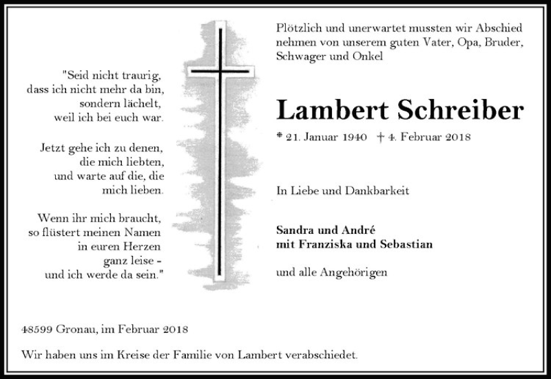  Traueranzeige für Lambert Schreiber vom 14.02.2018 aus Westfälische Nachrichten