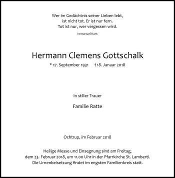 Anzeige von Hermann Clemens Gottschalk von Westfälische Nachrichten