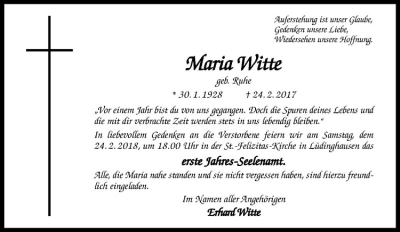  Traueranzeige für Maria Witte vom 10.02.2018 aus Westfälische Nachrichten