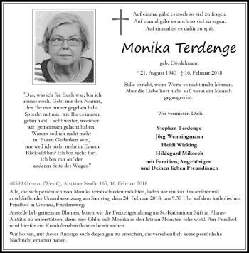 Anzeige von Monika Terdenge von Westfälische Nachrichten