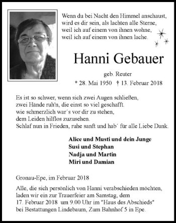 Anzeige von Hanni Gebauer von Westfälische Nachrichten