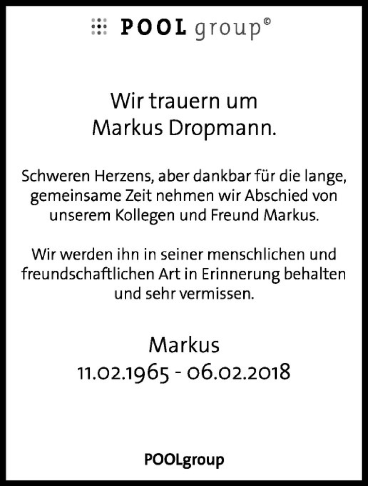  Traueranzeige für Markus Dropmann vom 13.02.2018 aus Westfälische Nachrichten