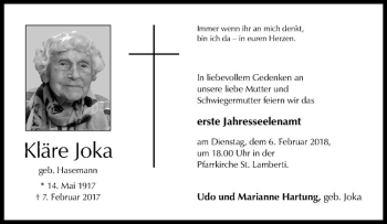 Anzeige von Kläre Joka von Westfälische Nachrichten