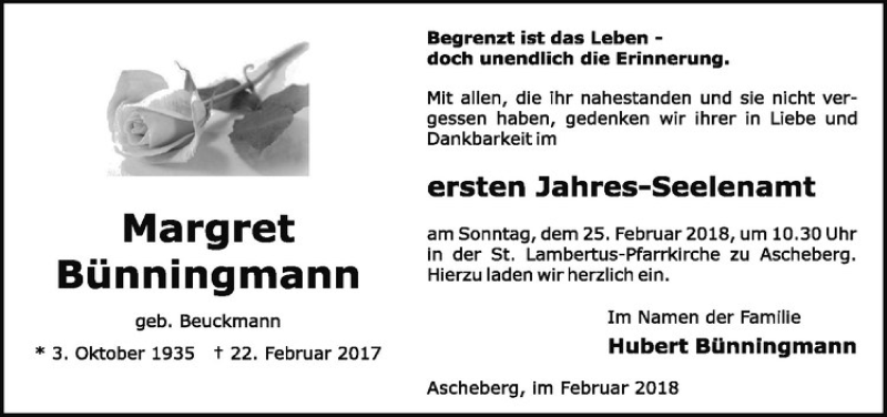  Traueranzeige für Margret Bünningmann vom 21.02.2018 aus Westfälische Nachrichten