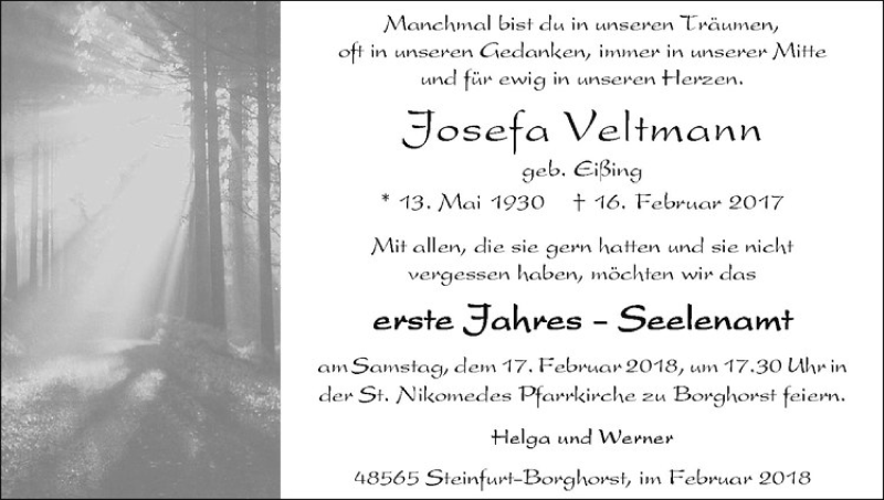  Traueranzeige für Josefa Veltmann vom 10.02.2018 aus Westfälische Nachrichten