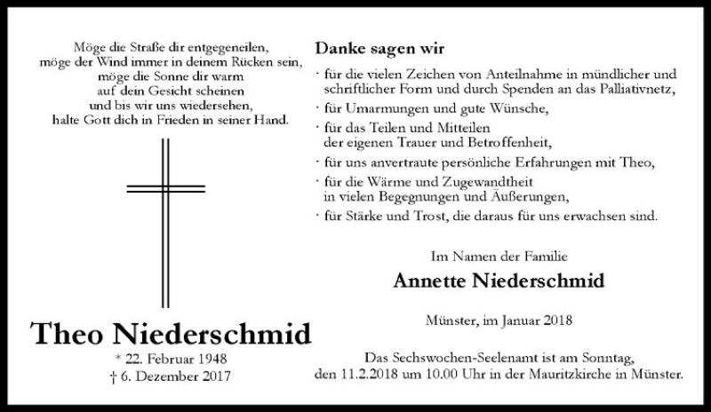  Traueranzeige für Theo Niederschmid vom 03.02.2018 aus Westfälische Nachrichten