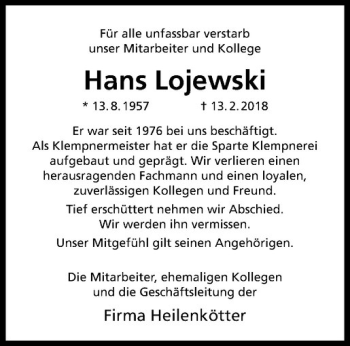 Anzeige von Hans Lojewski von Westfälische Nachrichten