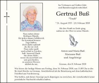 Anzeige von Gertrud Buß von Westfälische Nachrichten