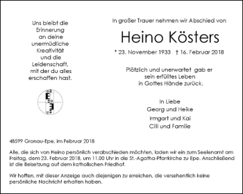 Anzeige von Heino Kösters von Westfälische Nachrichten