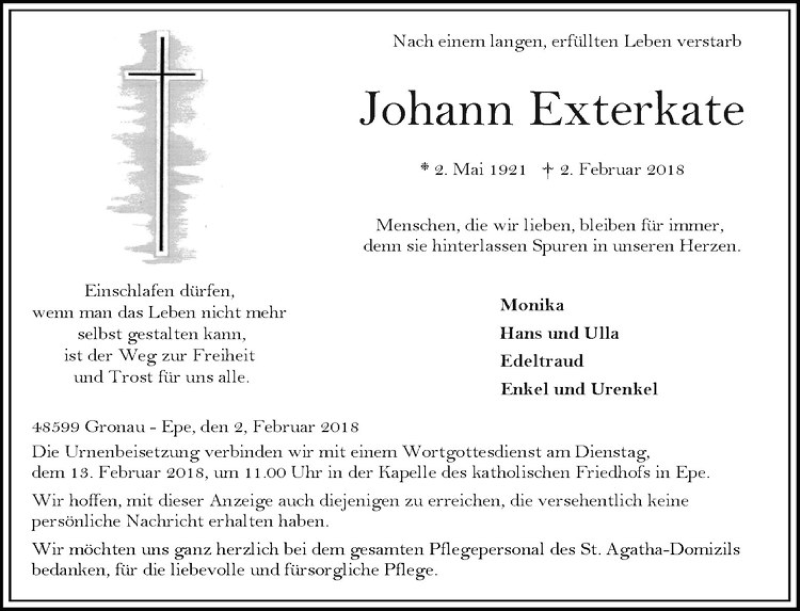  Traueranzeige für Johann Exterkate vom 07.02.2018 aus Westfälische Nachrichten