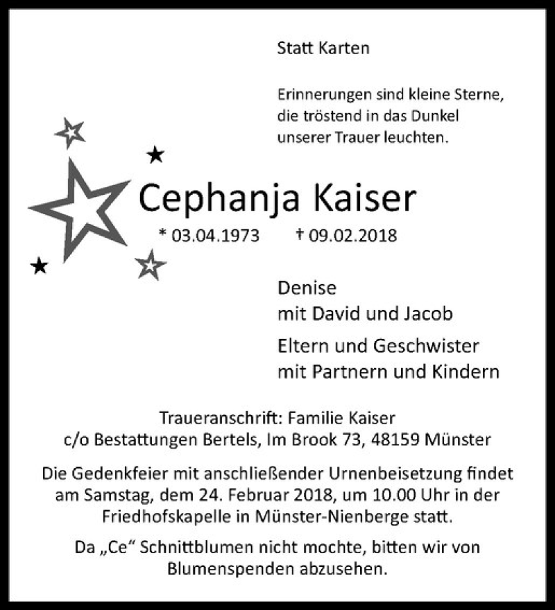  Traueranzeige für Cephanja Kaiser vom 17.02.2018 aus Westfälische Nachrichten