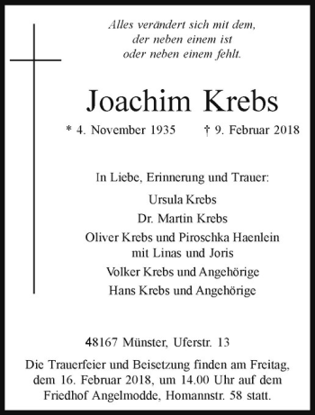 Anzeige von Joachim Krebs von Westfälische Nachrichten