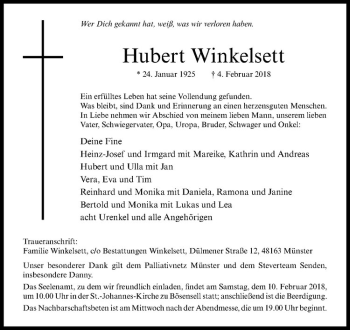 Anzeige von Hubert Winkelsett von Westfälische Nachrichten