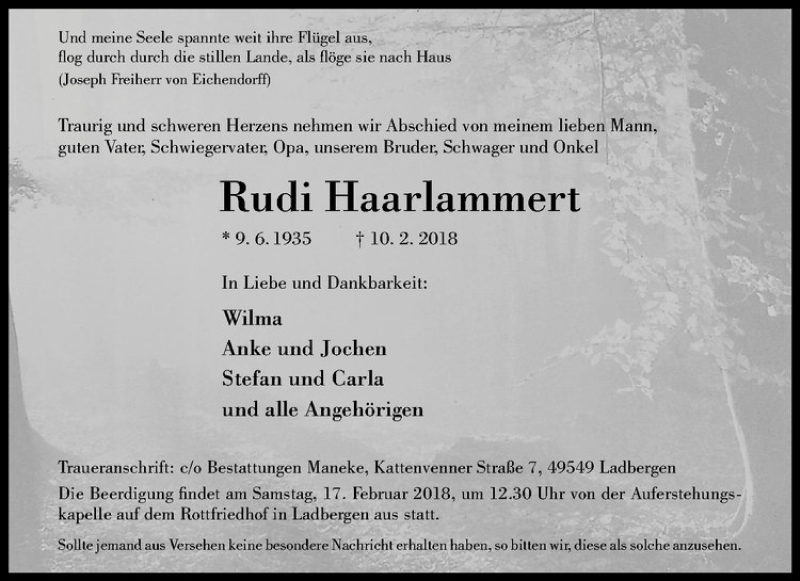 Traueranzeige für Rudi Haalammert vom 15.02.2018 aus Westfälische Nachrichten