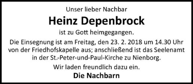  Traueranzeige für Heinz Depenbrock vom 23.02.2018 aus Westfälische Nachrichten