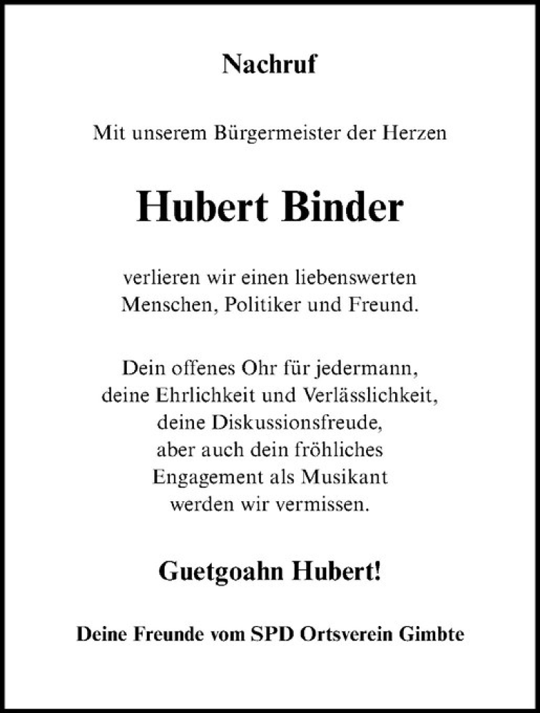  Traueranzeige für Hubert Binder vom 03.02.2018 aus Westfälische Nachrichten
