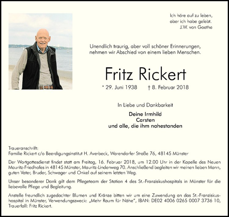  Traueranzeige für Fritz Rickert vom 14.02.2018 aus Westfälische Nachrichten