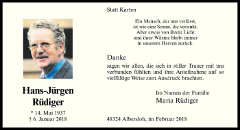 Anzeige von Hans-Jürgen Rüdiger von Westfälische Nachrichten