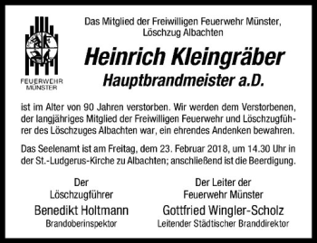 Anzeige von Heinrich Kleingräber von Westfälische Nachrichten