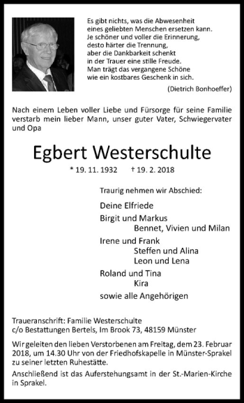 Anzeige von Egbert Westerschulte von Westfälische Nachrichten