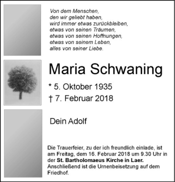 Anzeige von Maria Schwaning von Westfälische Nachrichten