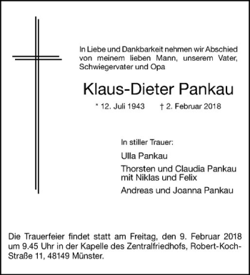 Anzeige von Klaus-Dieter Pankau von Westfälische Nachrichten