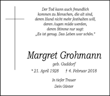 Anzeige von Margret Grohmann von Westfälische Nachrichten