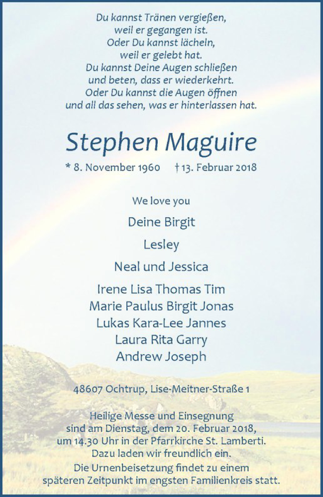  Traueranzeige für Stephen Maguire vom 16.02.2018 aus Westfälische Nachrichten