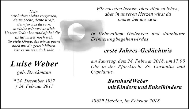  Traueranzeige für Luise Weber vom 22.02.2018 aus Westfälische Nachrichten