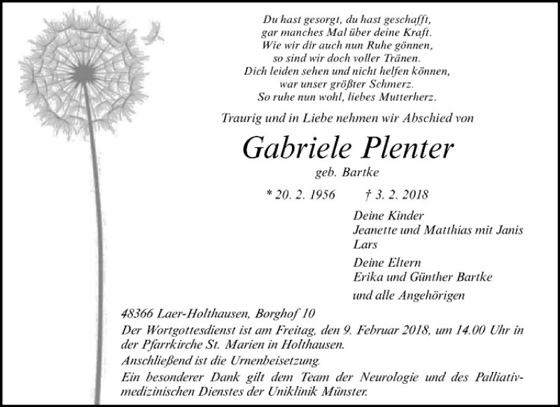  Traueranzeige für Gabriele Plenter vom 07.02.2018 aus Westfälische Nachrichten