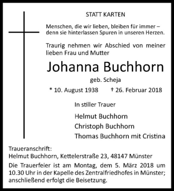 Anzeige von Johanna Buchhorn von Westfälische Nachrichten