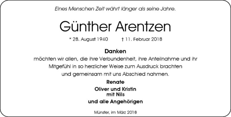  Traueranzeige für Günther Arentzen vom 24.03.2018 aus Westfälische Nachrichten