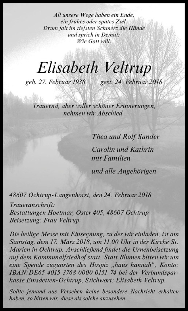  Traueranzeige für Elisabeth Veltrup vom 13.03.2018 aus Westfälische Nachrichten