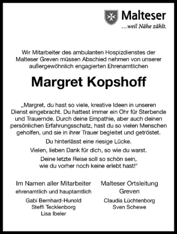 Anzeige von Margret Kopshoff von Westfälische Nachrichten