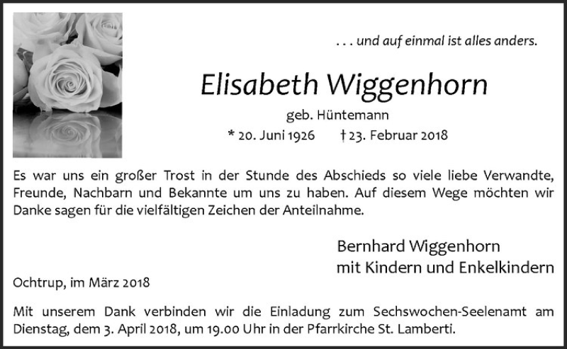  Traueranzeige für Elisabeth Wiggenhorn vom 28.03.2018 aus Westfälische Nachrichten