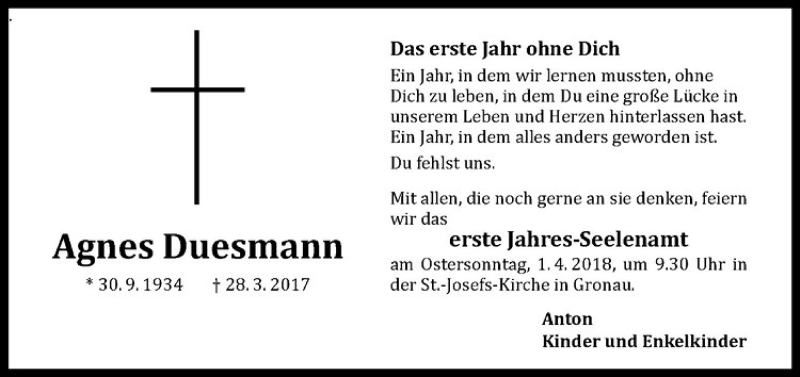  Traueranzeige für Agnes Duesmann vom 28.03.2018 aus Westfälische Nachrichten