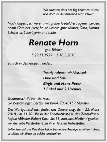 Anzeige von Renate Horn von Westfälische Nachrichten