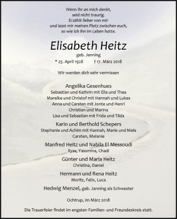 Anzeige von Elisabeth Heitz von Westfälische Nachrichten