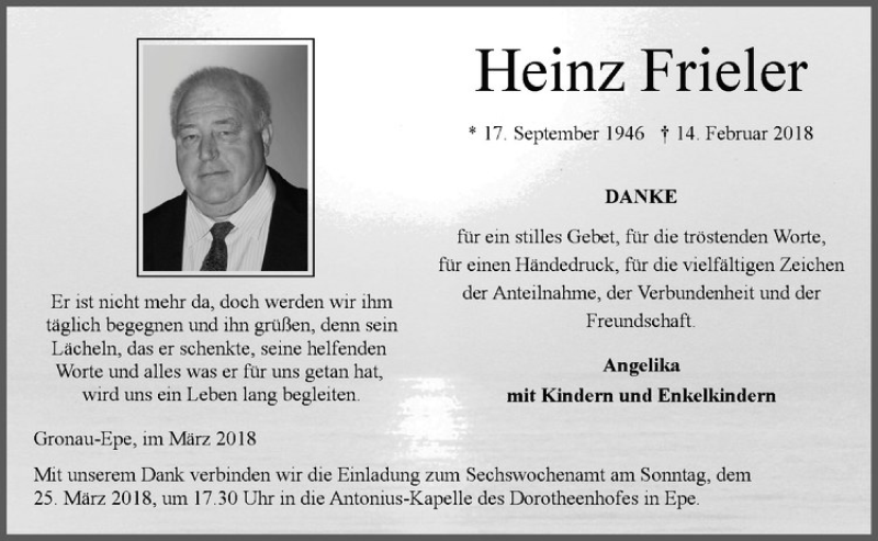  Traueranzeige für Heinz Frieler vom 21.03.2018 aus Westfälische Nachrichten