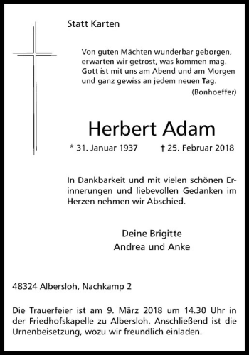 Anzeige von Herbert Adam von Westfälische Nachrichten