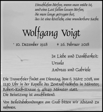 Anzeige von Wolfgang Voigt von Westfälische Nachrichten