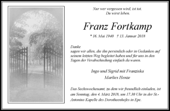 Anzeige von Franz Fortkamp von Westfälische Nachrichten