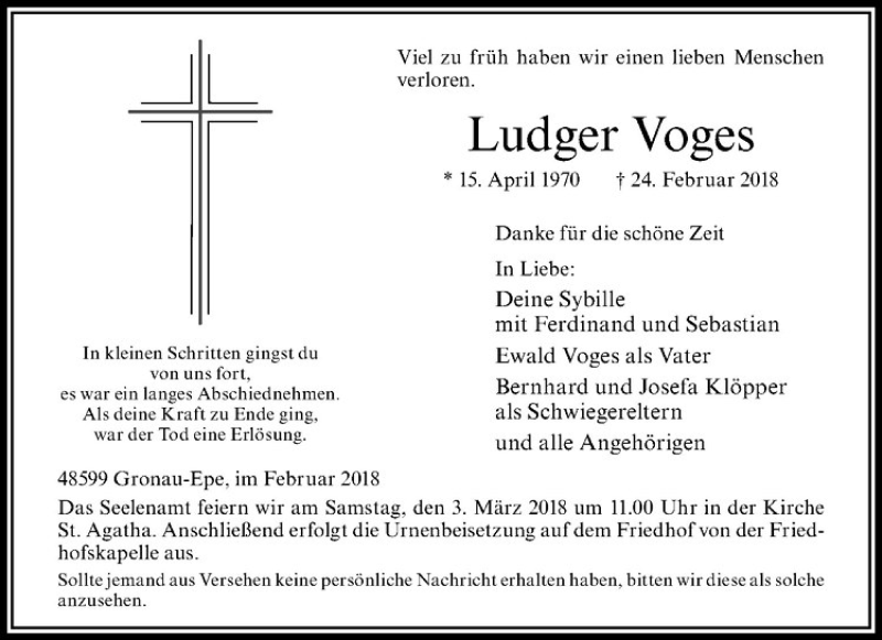 Traueranzeige für Ludger Voges vom 01.03.2018 aus Westfälische Nachrichten