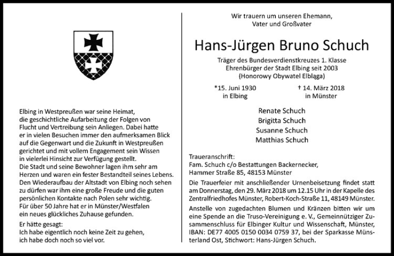  Traueranzeige für Hans-Jürgen Bruno Schuch vom 24.03.2018 aus Westfälische Nachrichten