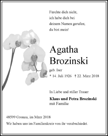 Anzeige von Agatha Brozinski von Westfälische Nachrichten